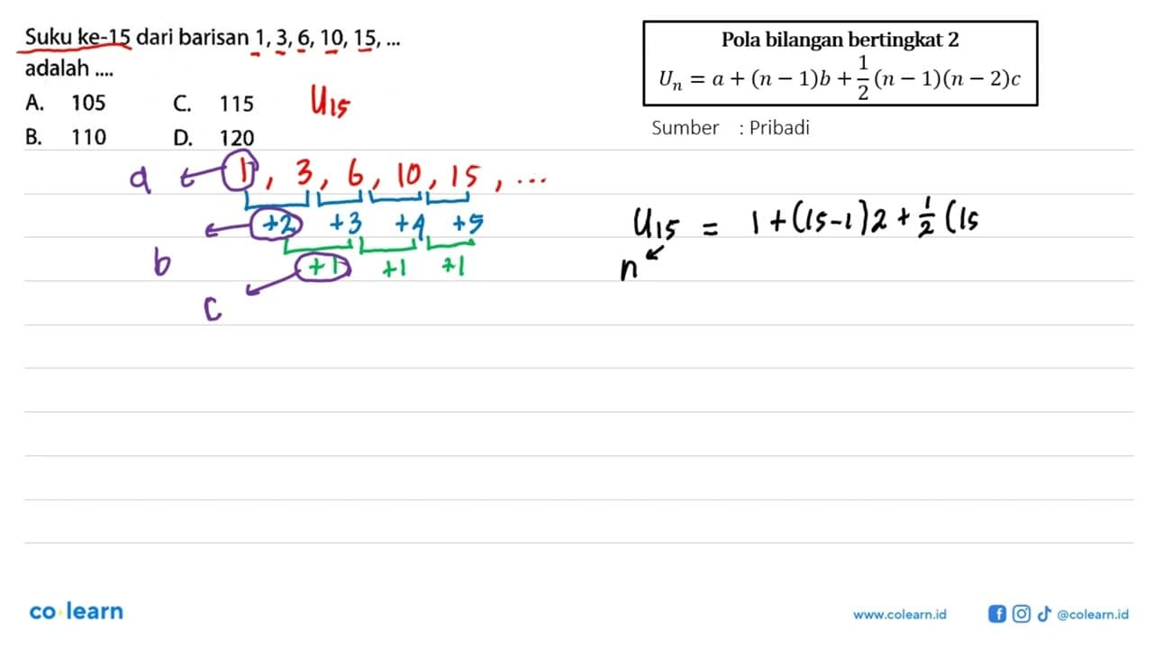 Suku ke-15 dari barisan 1, 3, 6, 10, 15, ... adalah ...