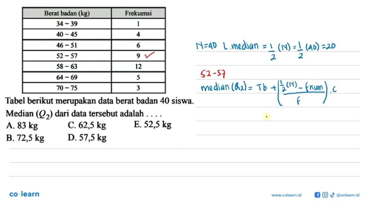 Berat badan (kg) Frekuensi 34-39 1 40-45 4 46-51 6 52-57 9