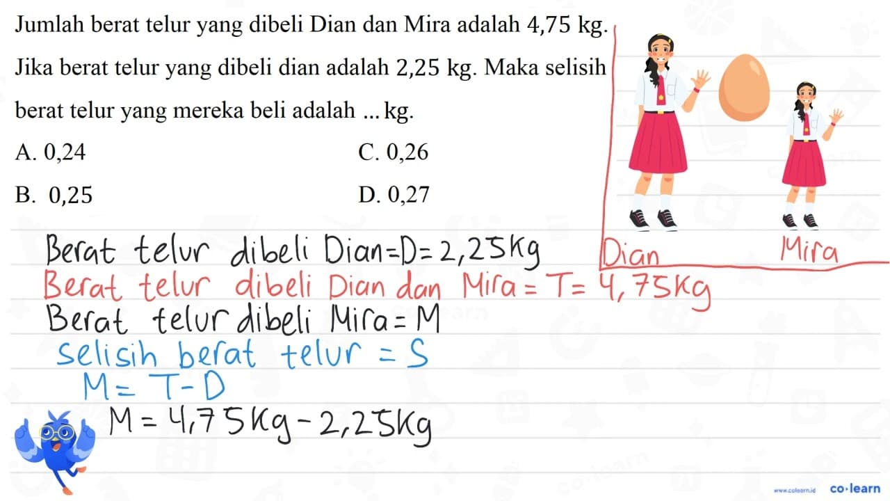 Jumlah berat telur yang dibeli Dian dan Mira adalah 4,75