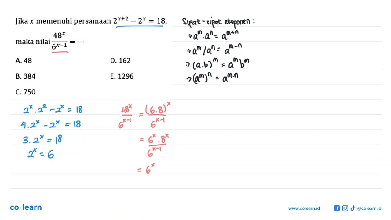 Jika x memenuhi persamaan 2^(x+2)-2^x=18, maka nilai