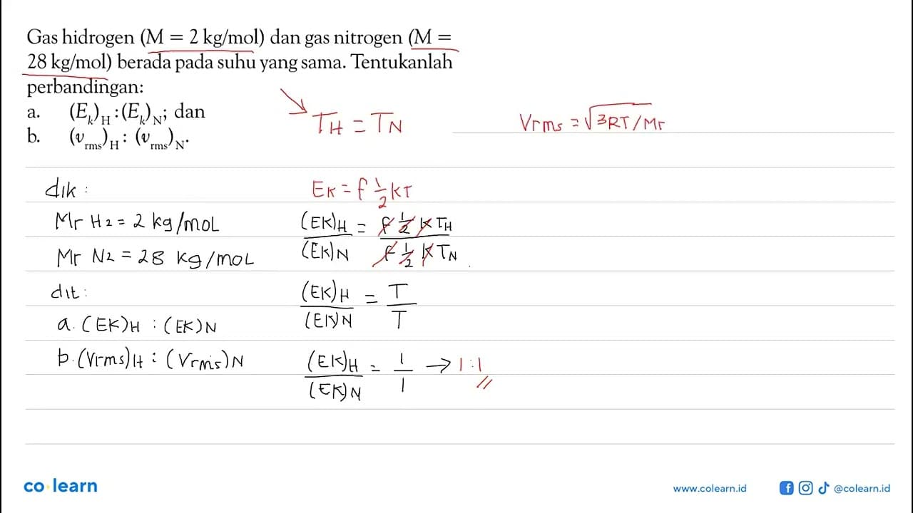 Gas hidrogen (M=2 kg/mol) dan gas nitrogen (M= 28 kg/mol)