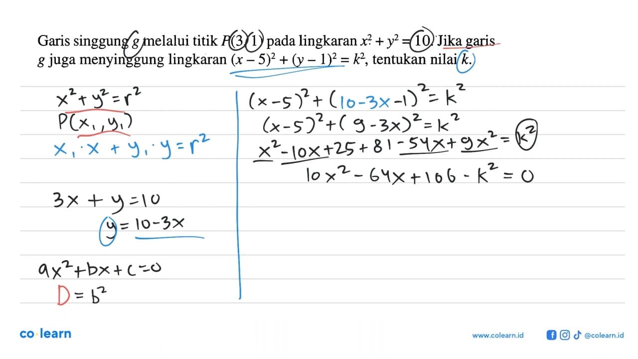 Garis singgung g melalui titik P(3,1) pada lingkaran