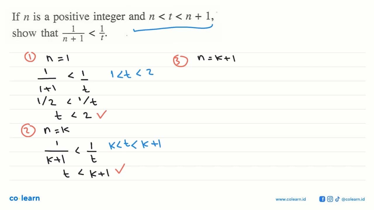 If n is a positive integer and n<t<n+1, show that