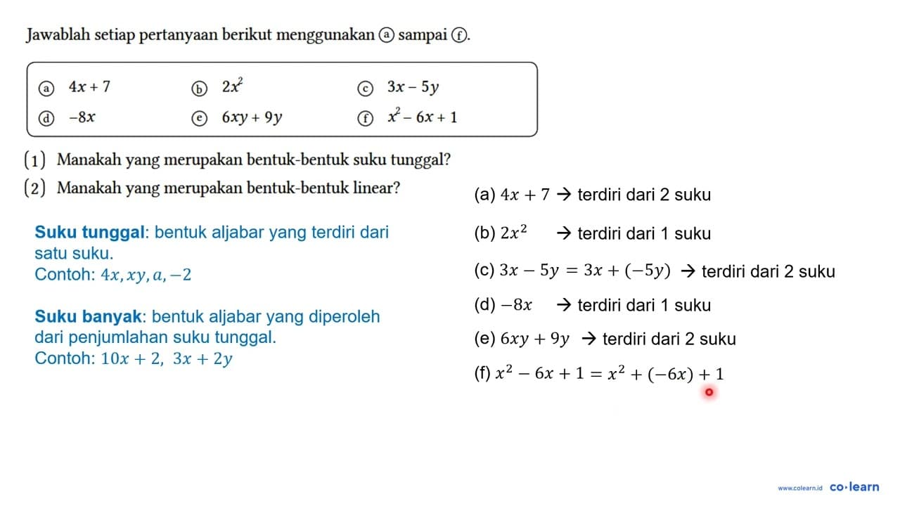 Jawablah setiap pertanyaan berikut menggunakan a sampai f.