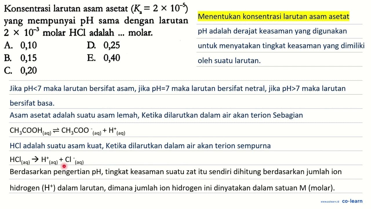 Konsentrasi larutan asam asetat (Ka = 2 x 10^(-5)) yang