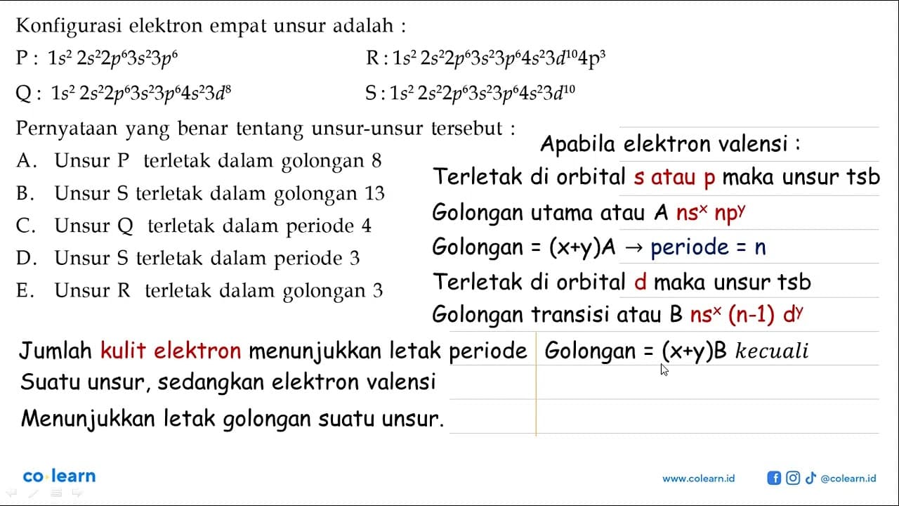 Konfigurasi elektron empat unsur adalah : P: 1 s^2 2 s^2 2