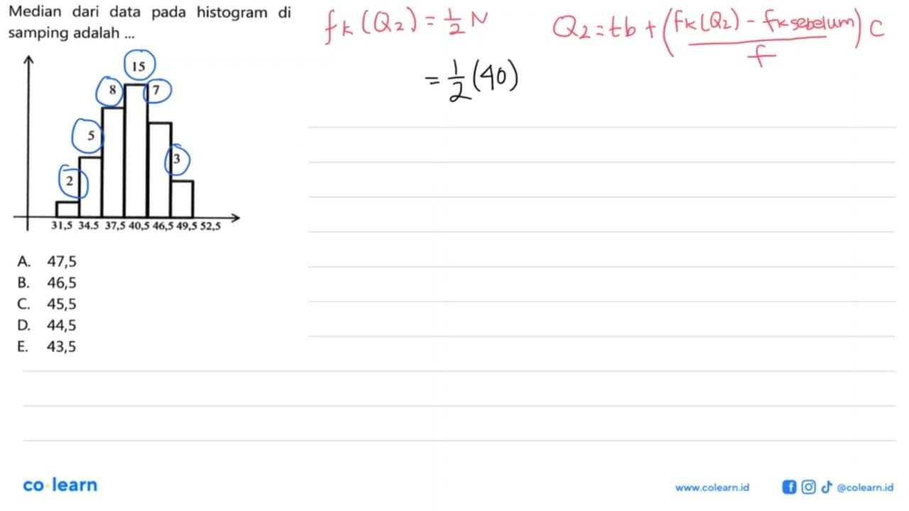 Median dari data pada histogram di samping adalah ...