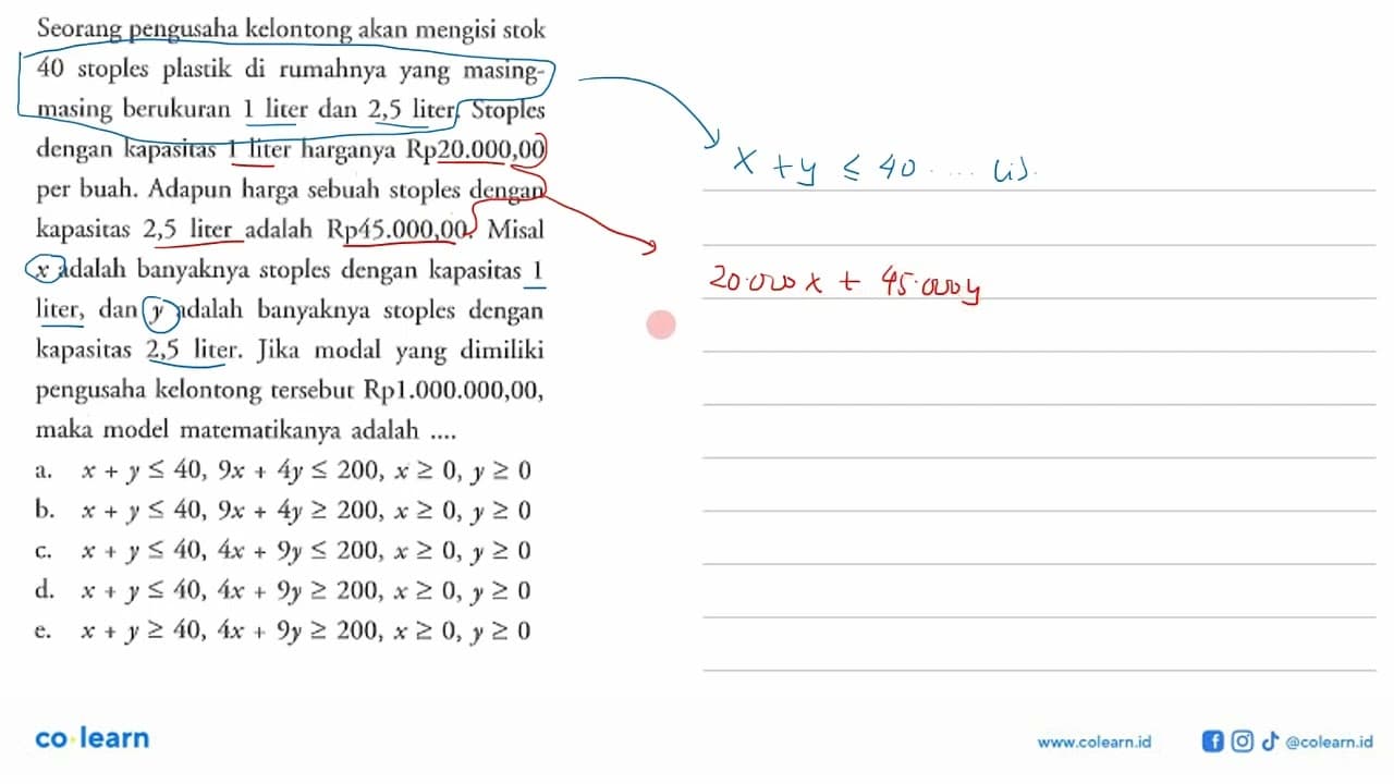 Seorang pengusaha kelontong akan mengisi stok 40 stoples