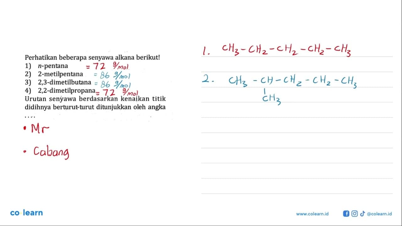 Perhatikan beberapa senyawa alkana berikut! 1) n-pentana 2)