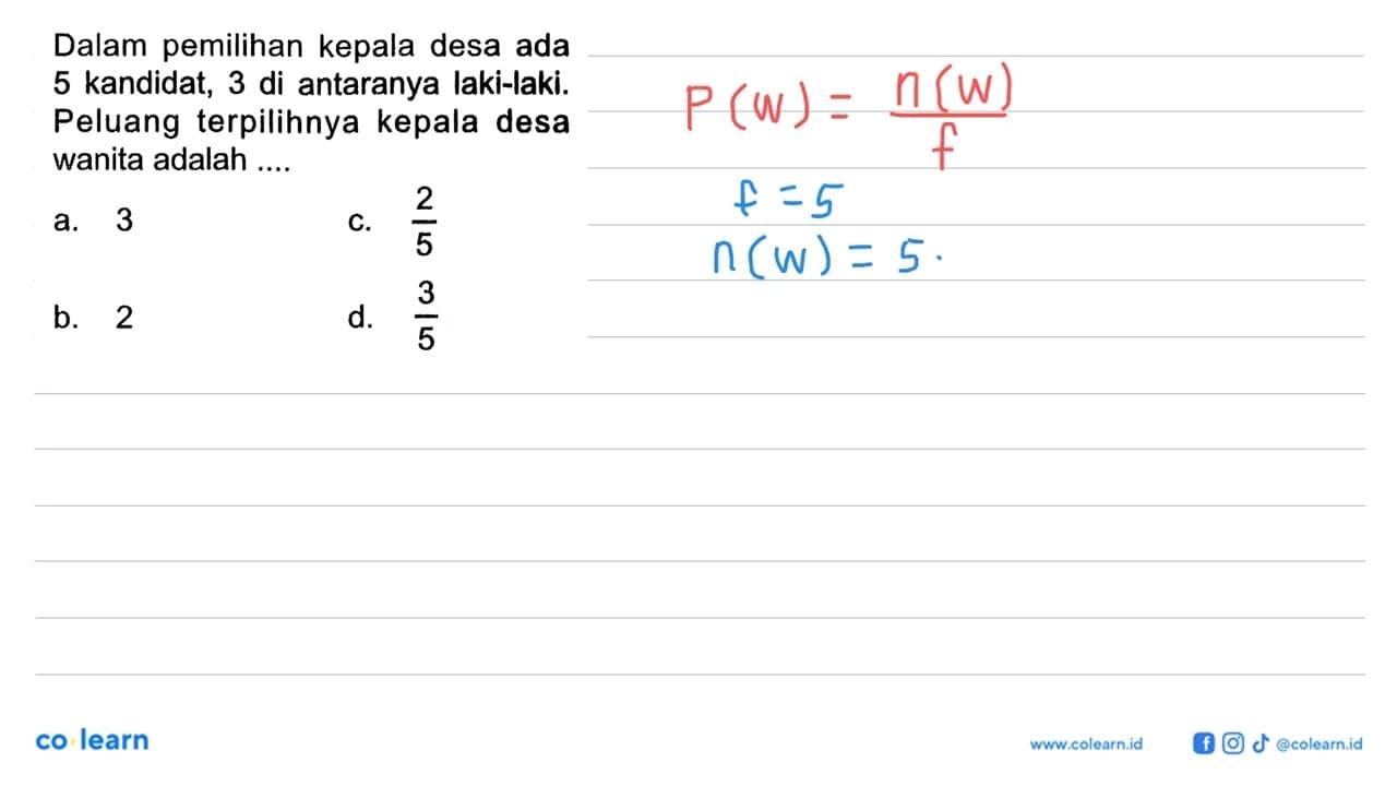 Dalam pemilihan kepala desa ada 5 kandidat, 3 di antaranya