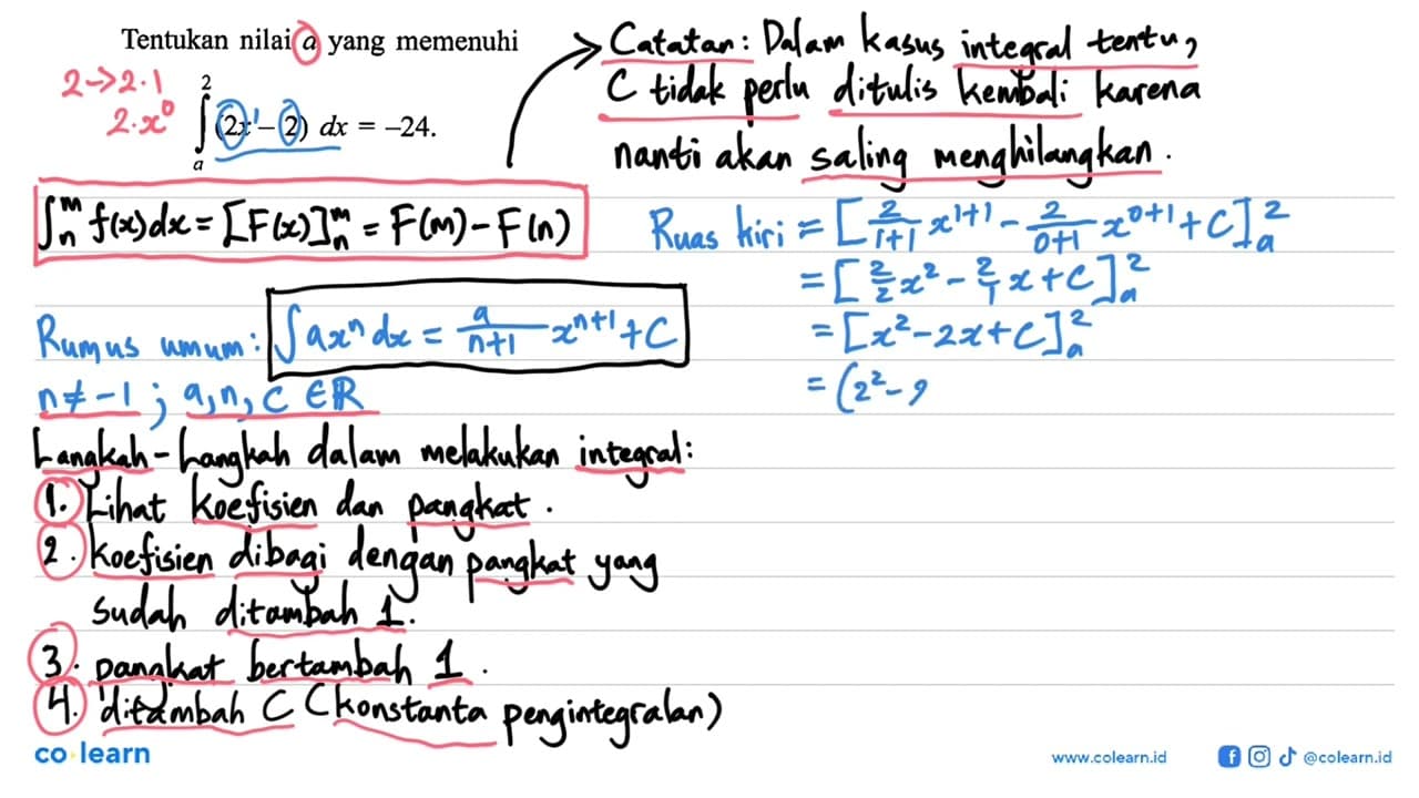 Tentukan nilai a yang memenuhi integral a 2 (2x-2) dx=-24.