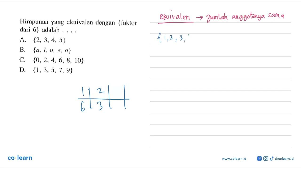 Himpunan yang ekuivalen dengan {faktor dari 6} adalah ...