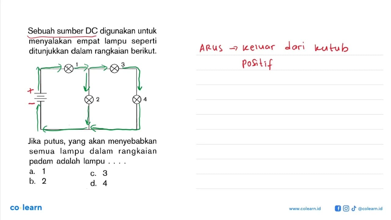 Sebuah sumber DC digunakan untuk menyalakan empat lampu