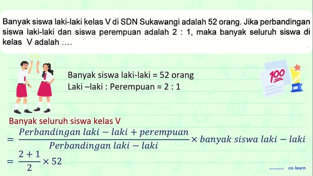 Banyak siswa laki-laki kelas V di SDN Sukawangi adalah 52