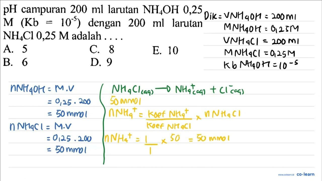 pH campuran 200 ml larutan NH_(4) OH 0,25 M(Kb=10^(-5))