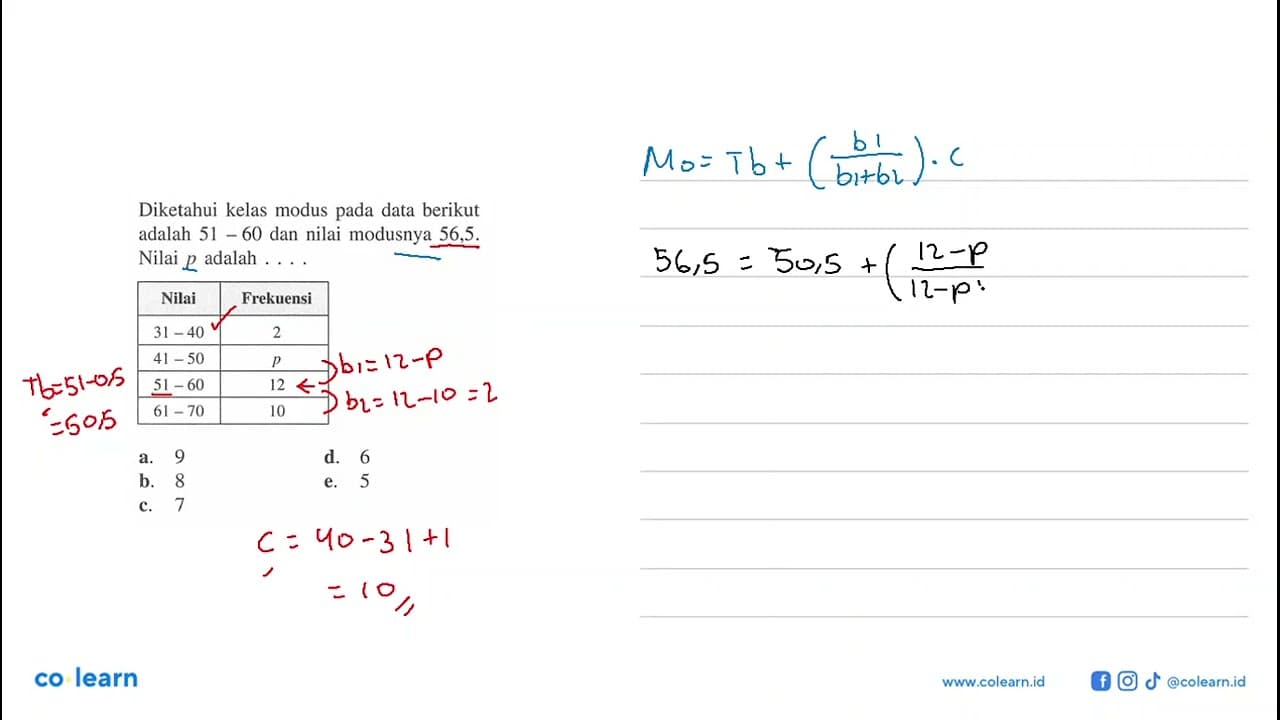 Diketahui kelas modus pada data berikut adalah 51-60 dan