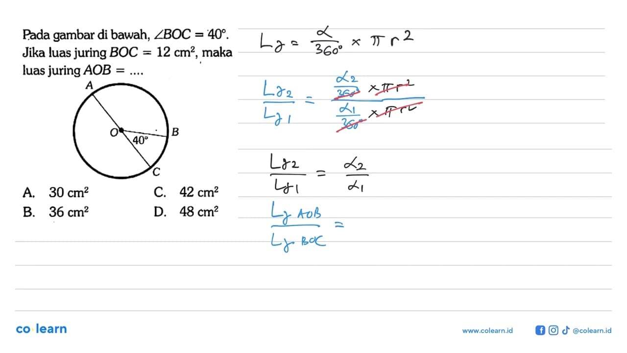Pada gambar di bawah, sudut BOC=40. Jika luas juring BOC=12