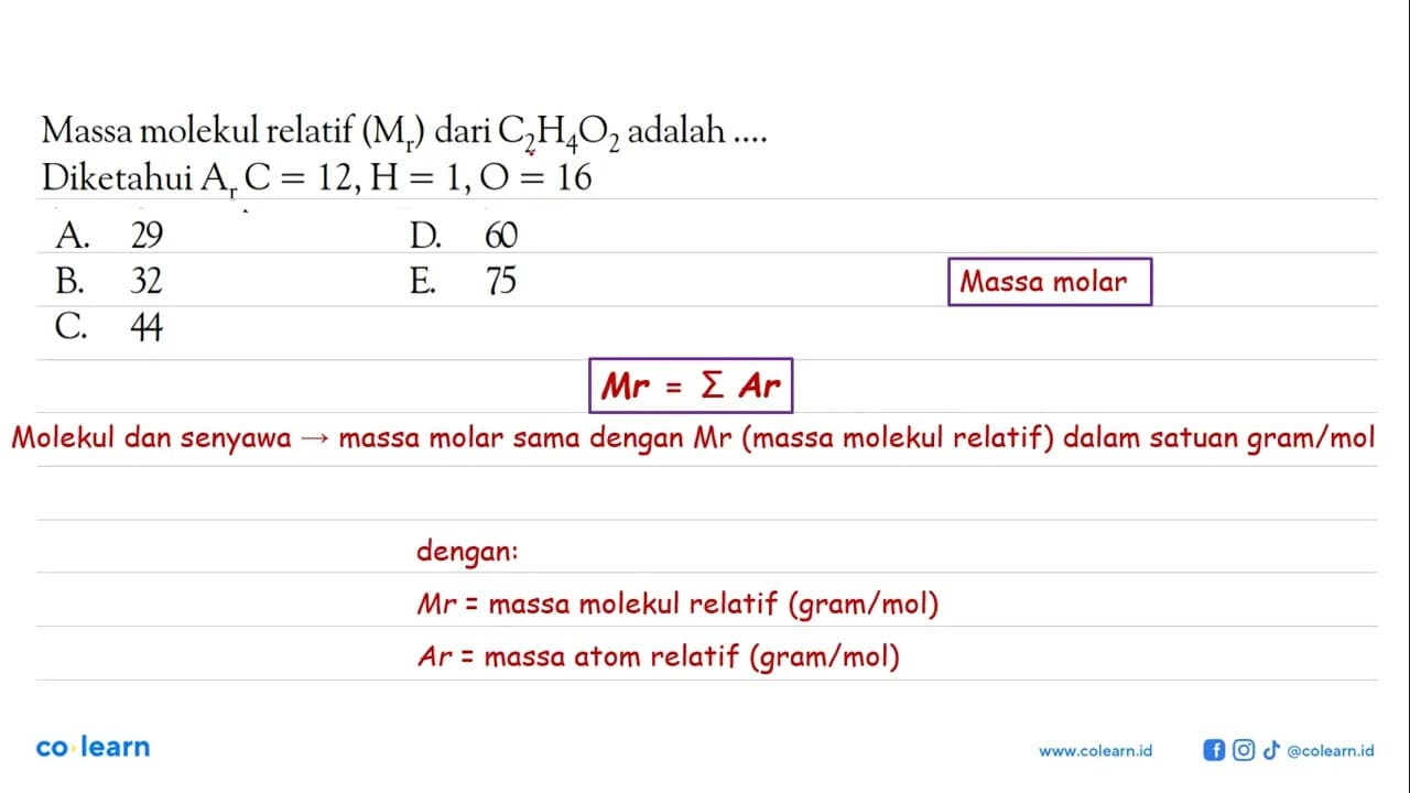 Massa molekul relatif (Mr) dari C2H4O2 adalah ... Diketahui