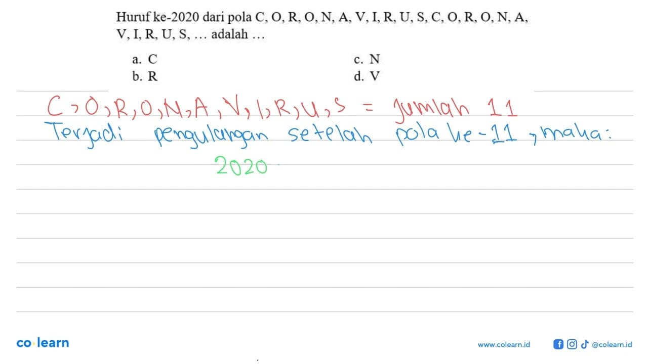 Huruf ke-2020 dari pola C, O, R, O, N, A, V, I, R, U, S, C,