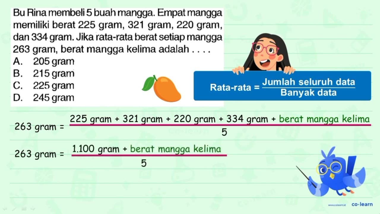 Bu Rina membeli 5 buah mangga. Empat mangga memiliki berat