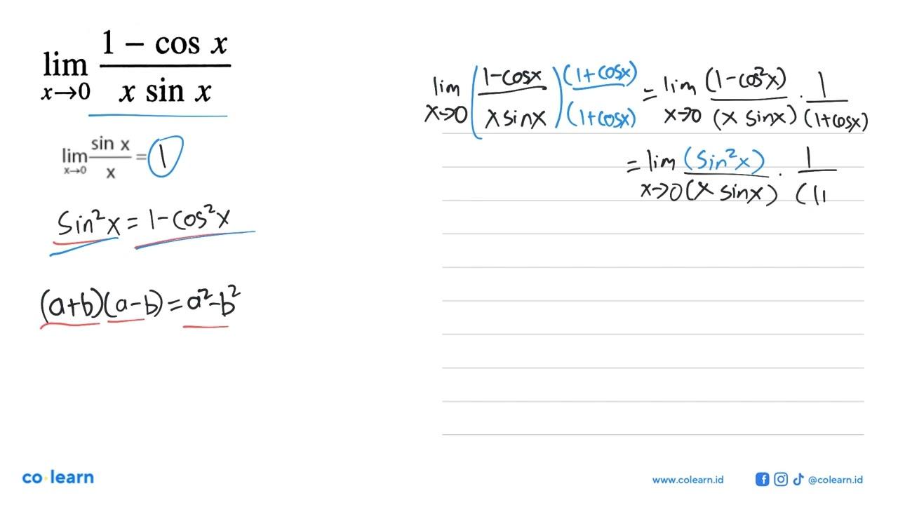 lim x->0 (1-cos x)/x sin x