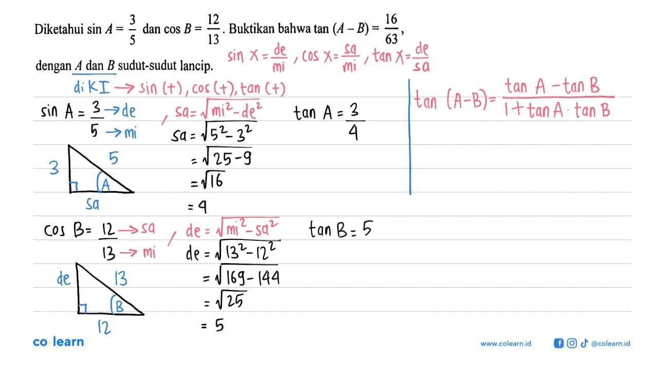 Diketahui sin A=3/5 dan cos B=12/13. Buktikan bahwa