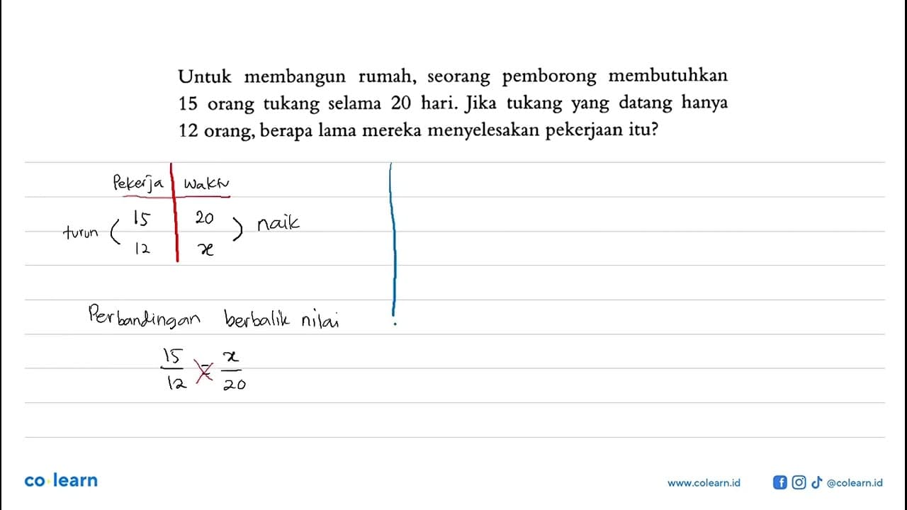 Untuk membangun rumah, seorang pemborong membutuhkan 15