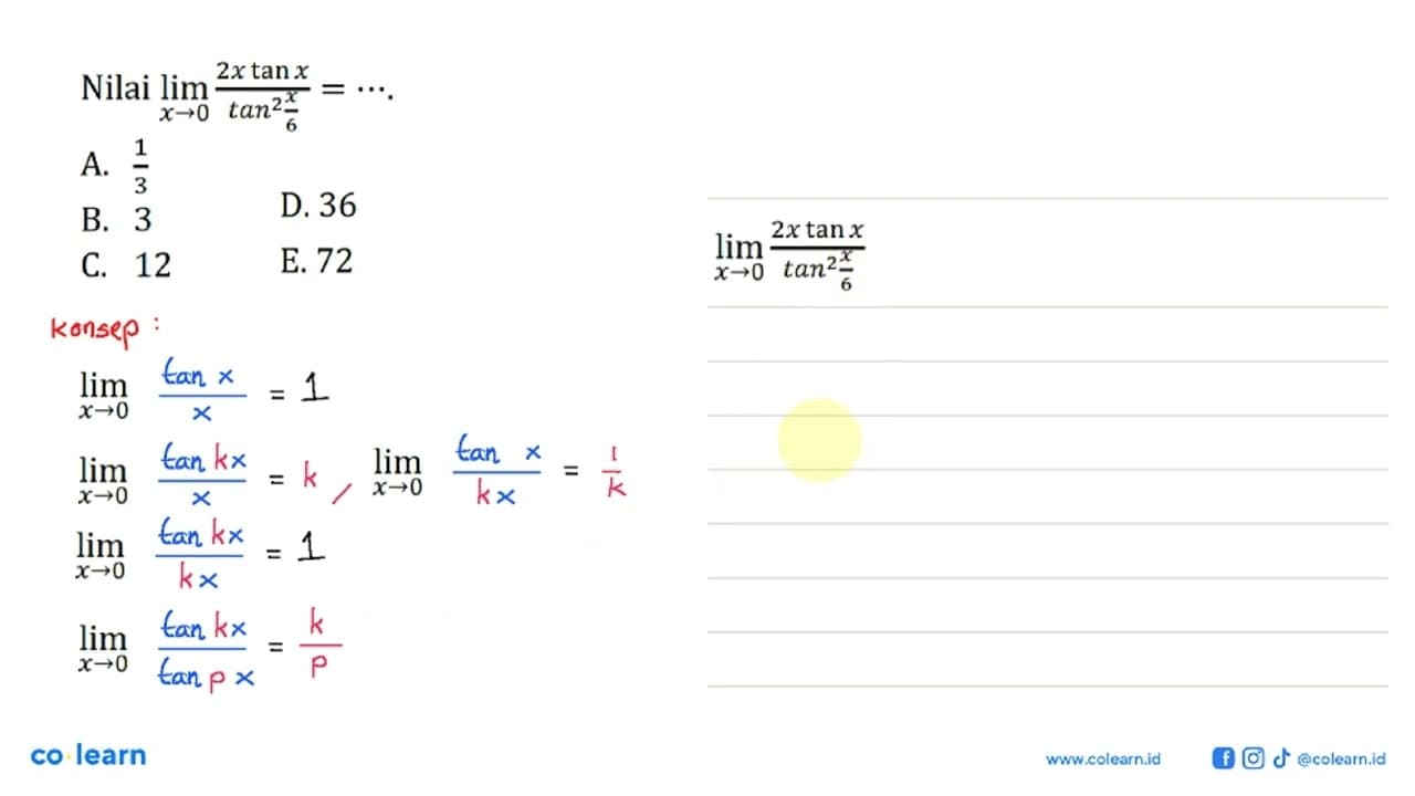 Nilai lim x->x->=((tan 2xtan 3x)|3x^2)