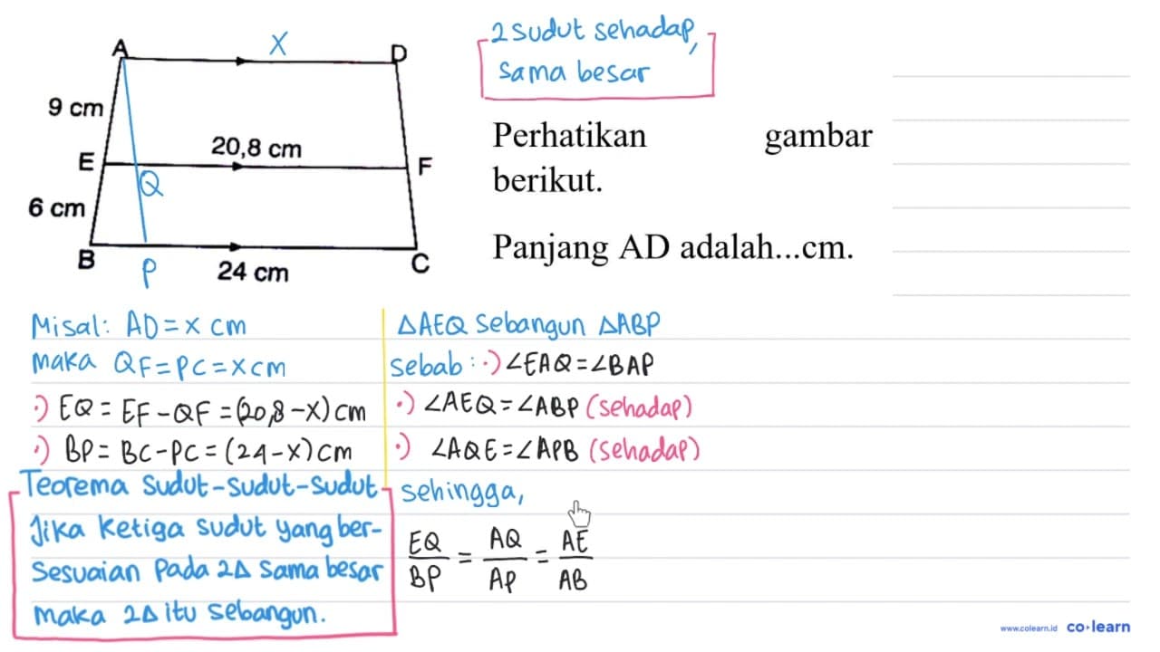 Perhatikan gambar berikut. A D 9 cm E 20,8 cm F 6 cm B 24