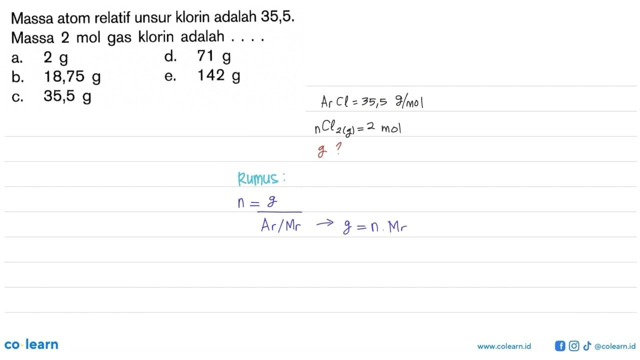 Massa atom relatif unsur klorin adalah 35,5 .Massa 2 mol