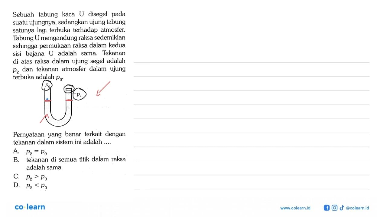 Sebuah tabung kaca U disegel pada suatu ujungnya, sedangkan