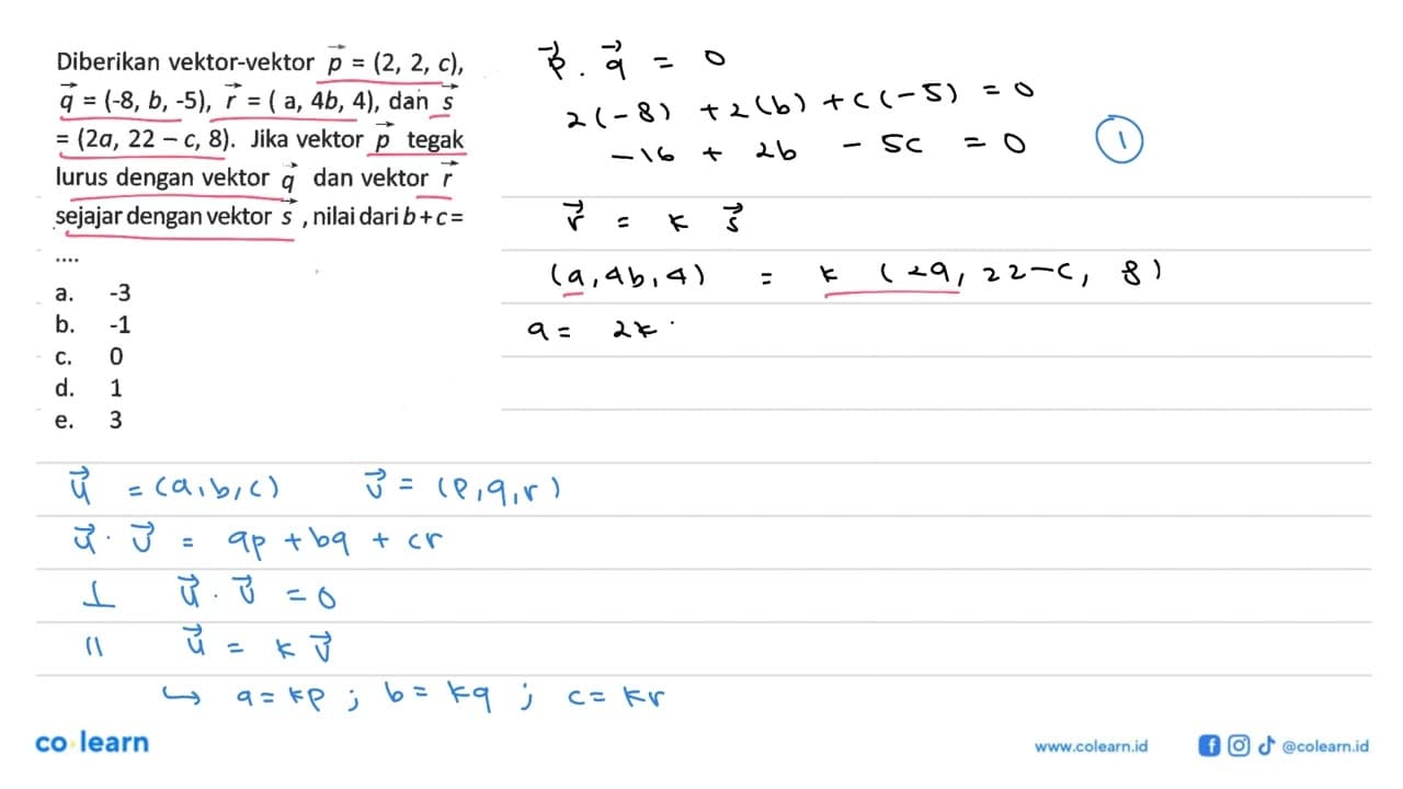 Diberikan vektor-vektor p=(2,2,c), vektor q=(-8,b,-5),