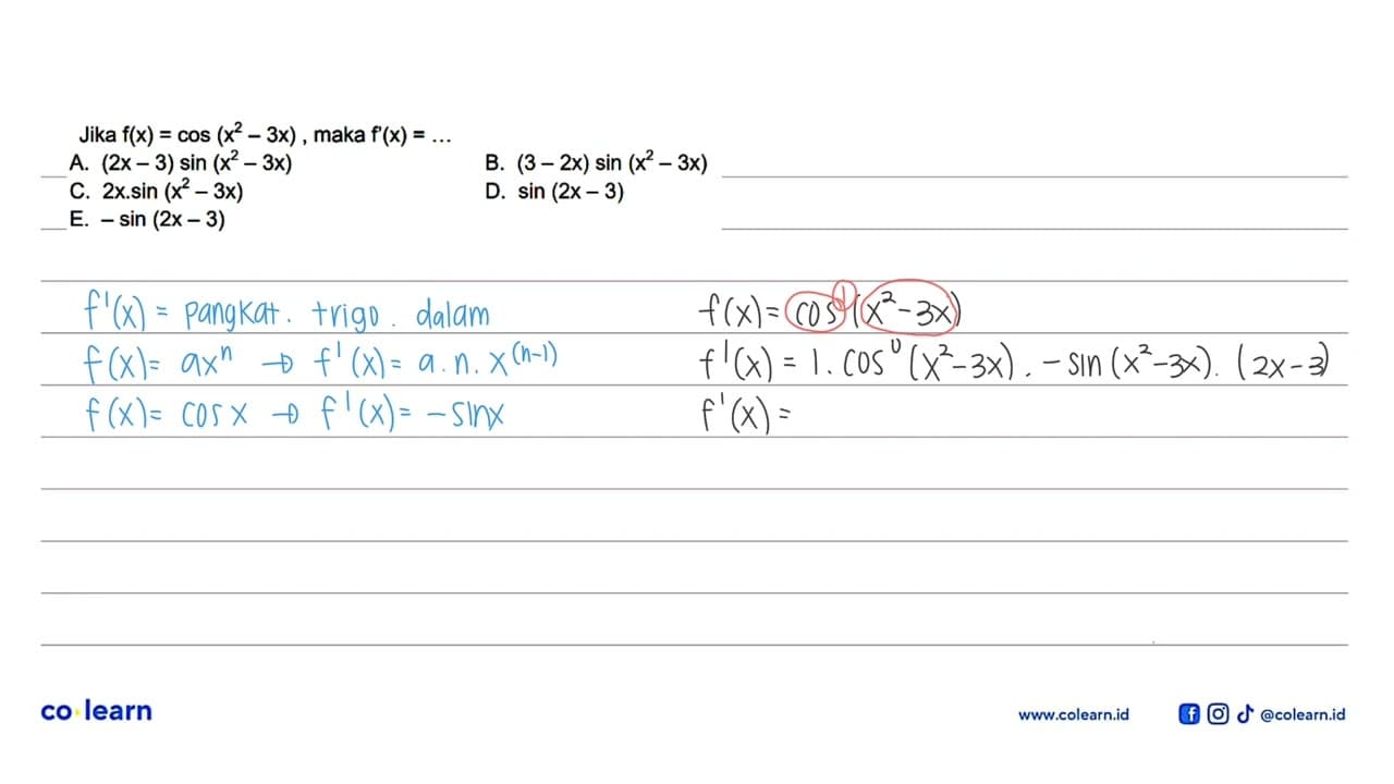 Jika f(x)=cos(x^2-3x) maka f'(x)=...