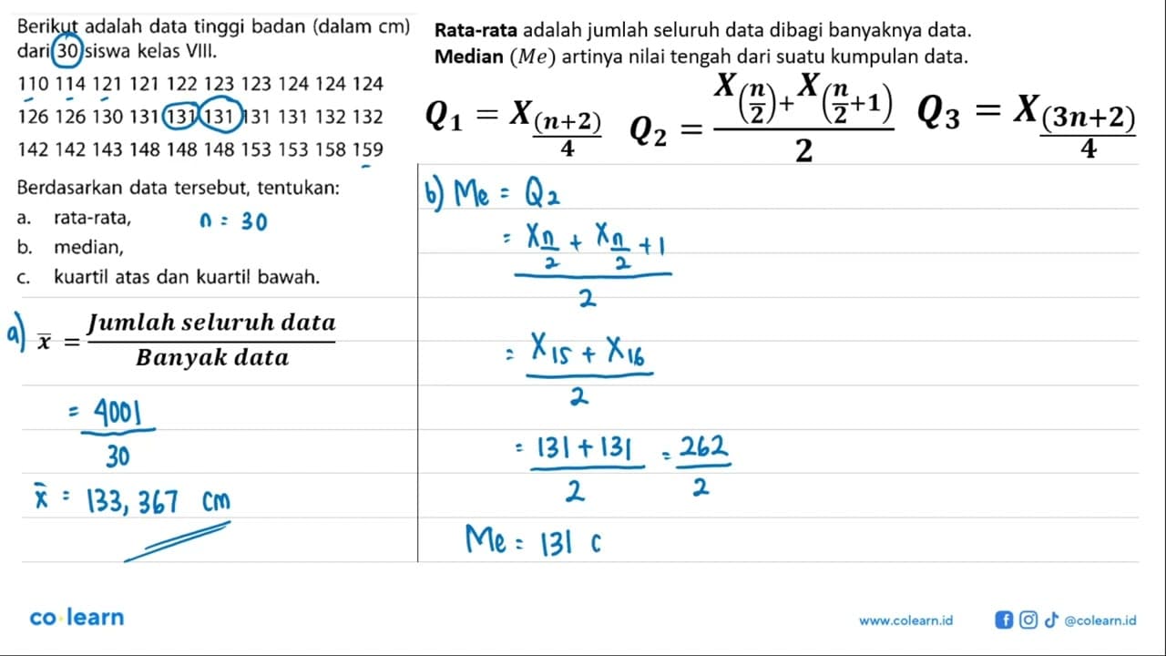 Berikut adalah data tinggi badan (dalam cm) dari 30 siswa