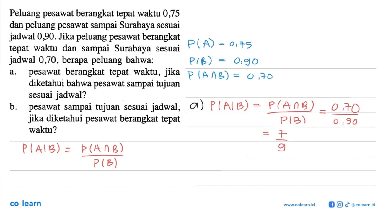 Peluang pesawat berangkat tepat waktu 0,75 dan peluang