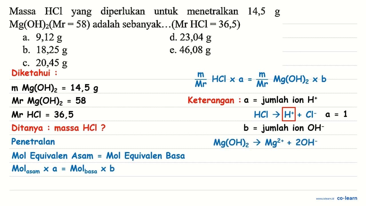 Massa HCl yang diperlukan untuk menetralkan 14,5 g