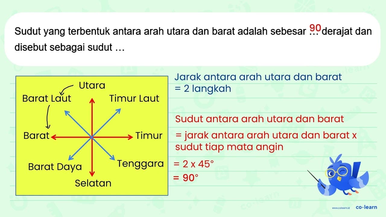 Sudut yang terbentuk antara arah utara dan barat adalah