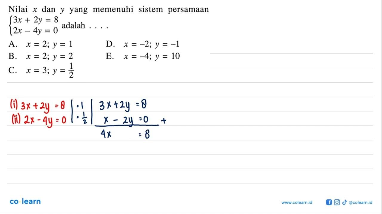 Nilai x dan y yang memenuhi sistem persamaan 3x+2y=8