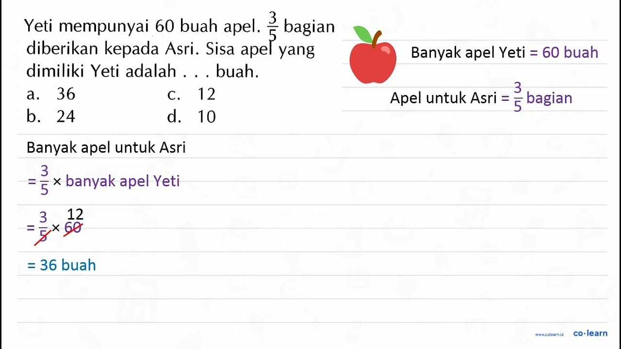 Yeti mempunyai 60 buah apel. 3/5 bagian diberikan kepada