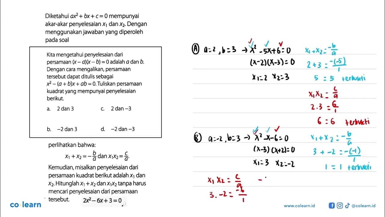 Diketahui ax^2+bx+c=0 mempunyai akar-akar penyelesaian x1