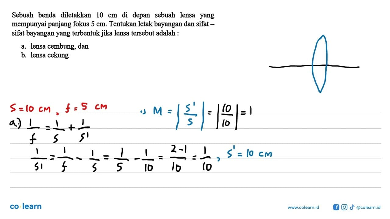 Sebuah benda diletakkan 10 cm di depan sebuah lensa yang