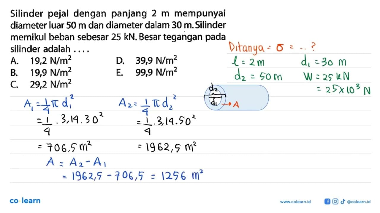 Silinder pejal dengan panjang 2 m mempunyai diameter luar