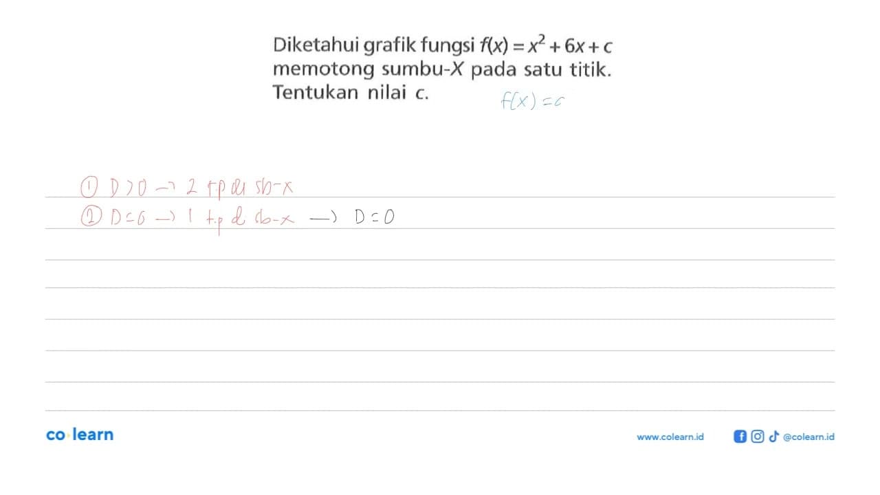 Diketahui grafik fungsi f(x) = x^2 + 6x + c memotong