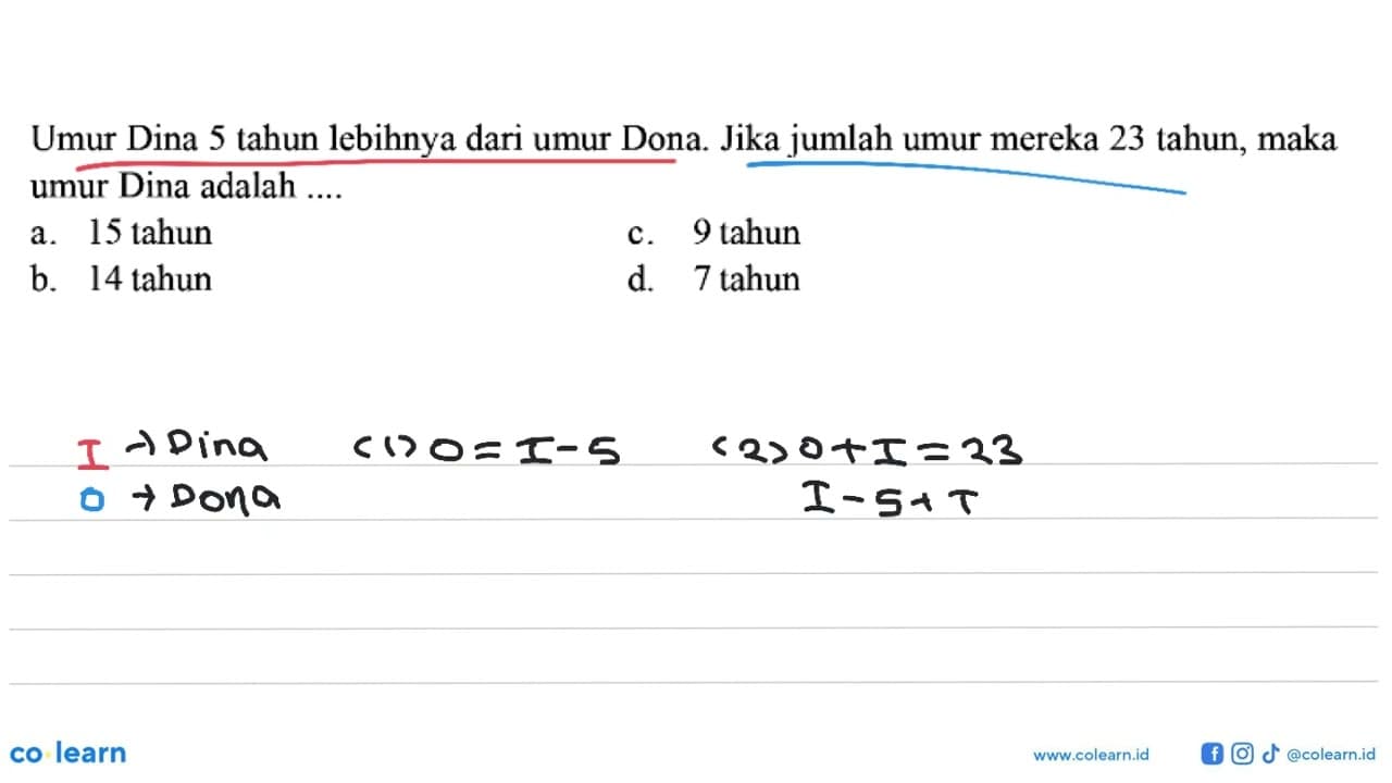 Umur Dina 5 tahun lebihnya dari umur Dona. Jika jumlah umur