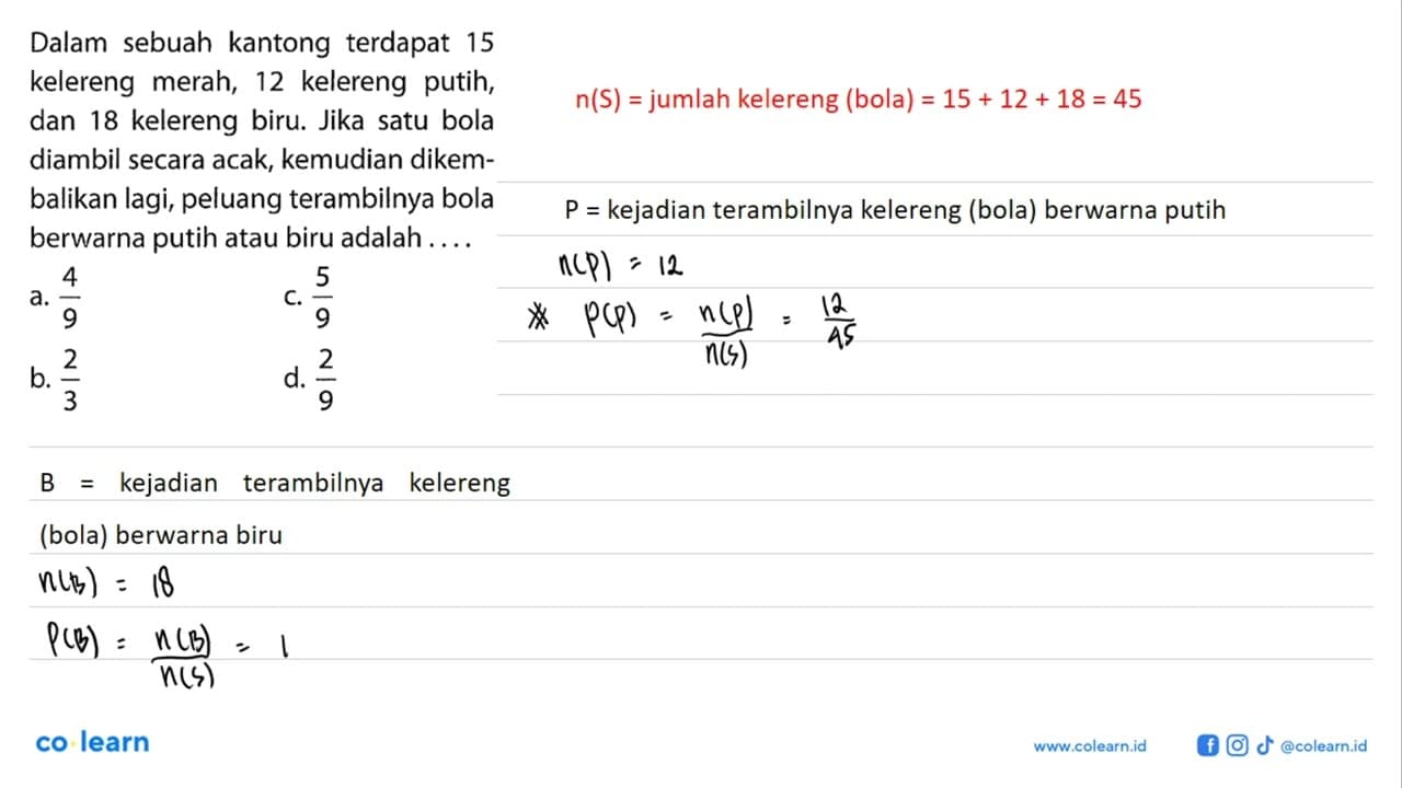 Dalam sebuah kantong terdapat 15 kelereng merah, 12