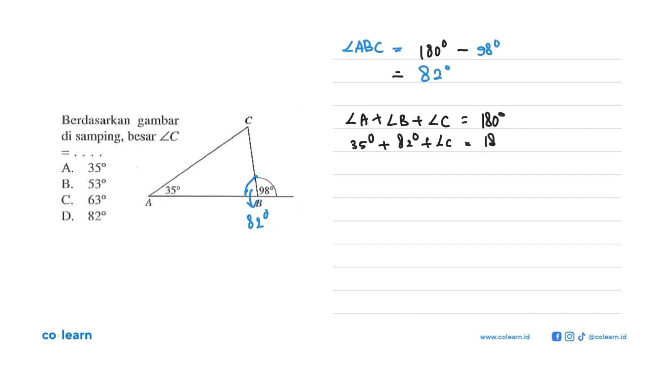 Berdasarkan gambar di samping, besar sudut C=... 35 98A. 35