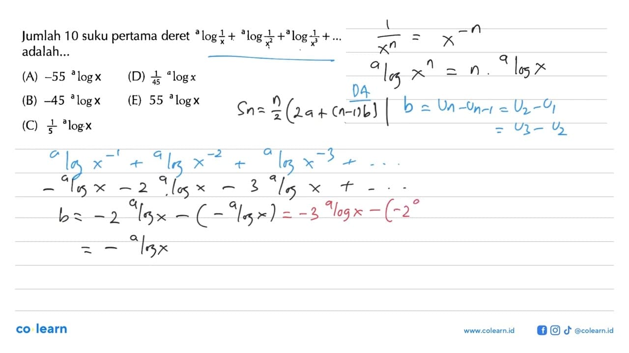 Jumlah 10 suku pertama deret alog 1/x+ alog 1/x^2+ alog