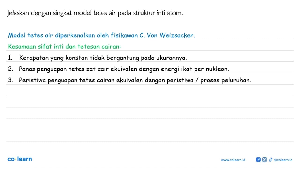 Jelaskan dengan singkat model tetes air pada struktur inti