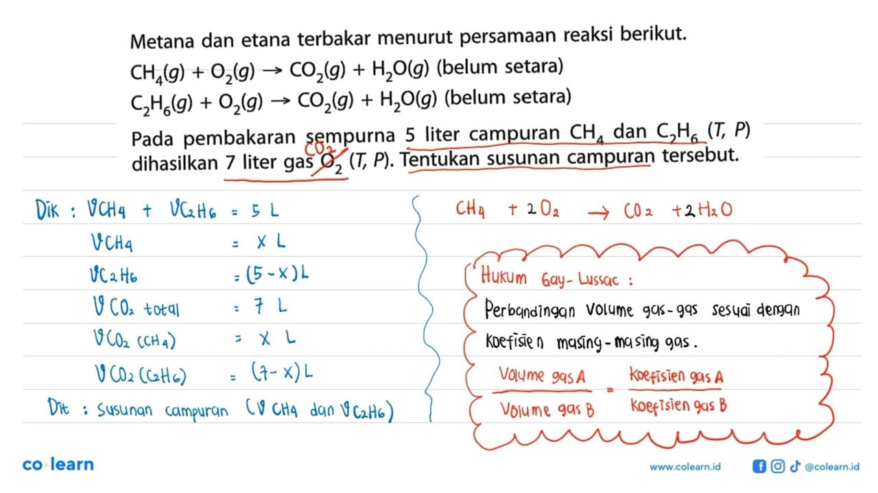 Metana dan etana terbakar menurut persamaan reaksi berikut.