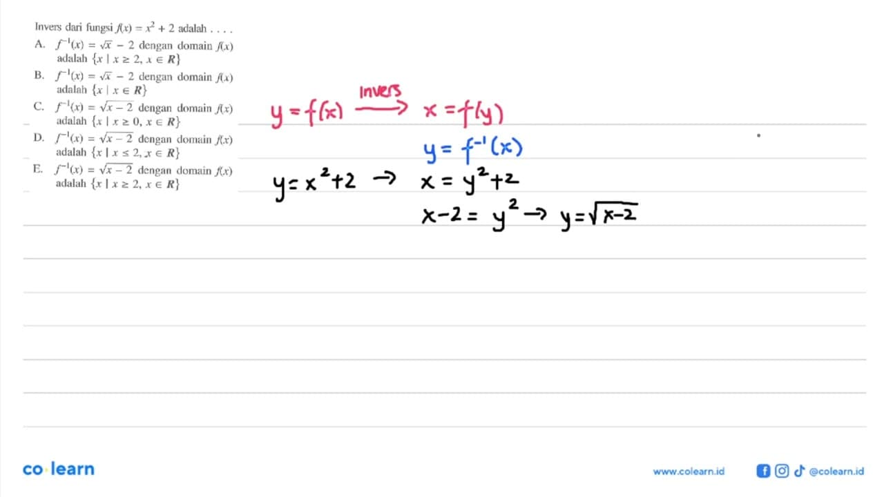 Invers dari fungsi f(x)=x^2+2 adalah ....